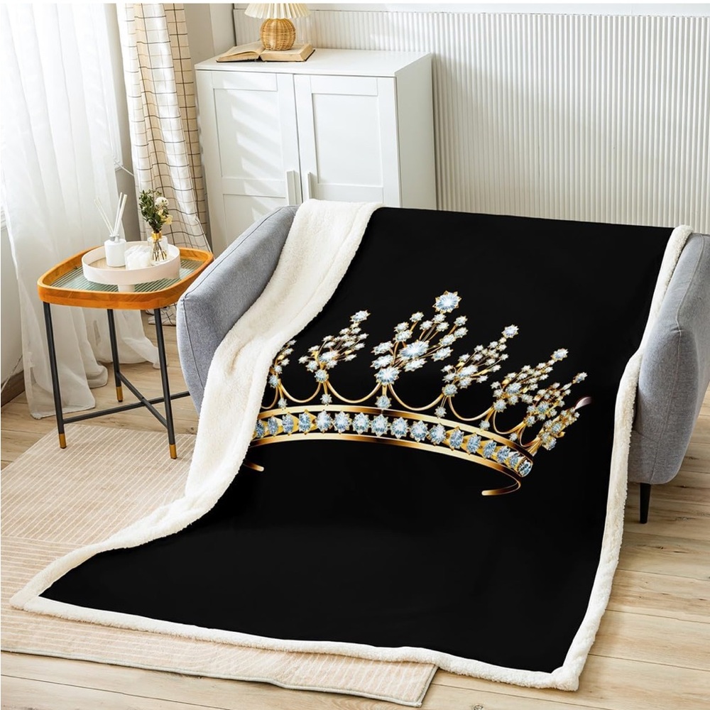 Elegant Black and Gold Crown Throw Blanket